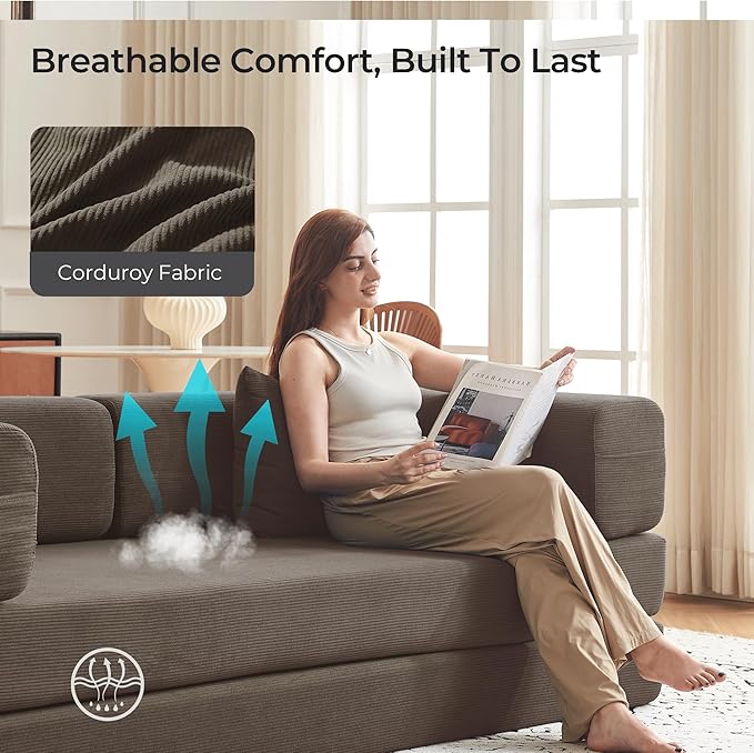 79 Convertible Sofa Bed with Pillows Corduroy Folding Sleeper Sofa with Fixed-Shape Frame Boneless Couch for Living Room Bedroom Floor Sofa Lounge No Assembly Required (Brown)