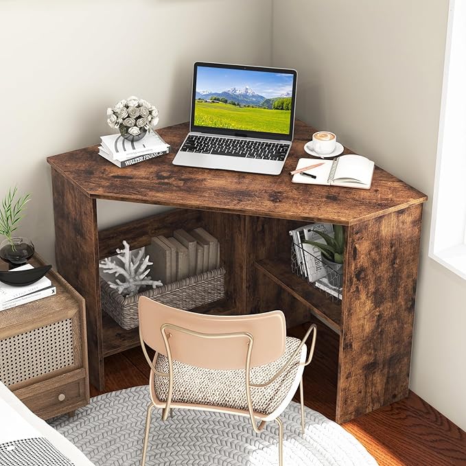 HOMGX Corner Computer Desk Triangle Desk with Storage Shelves Small Corner Desk for Small Spaces Corner Vanity Desk for Home Bedroom Living Room Office (Coffee)