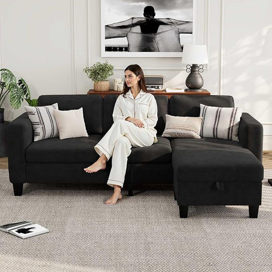 Velvet Small Sectional Couch L Shaped Sectional Black Couch in a Box Small Couches with Ottoman 3 Seater Sofa for Living Room Apartment Dorm Office