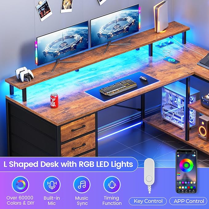 SEDETA L Shaped Desk with 4 Drawers and Storage Shelves L Shaped Gaming Desk with LED Lights &amp Power Outlets Computer Desk with Shelves &amp Drawer Corner Desk Home Office Desk Rustic Brown