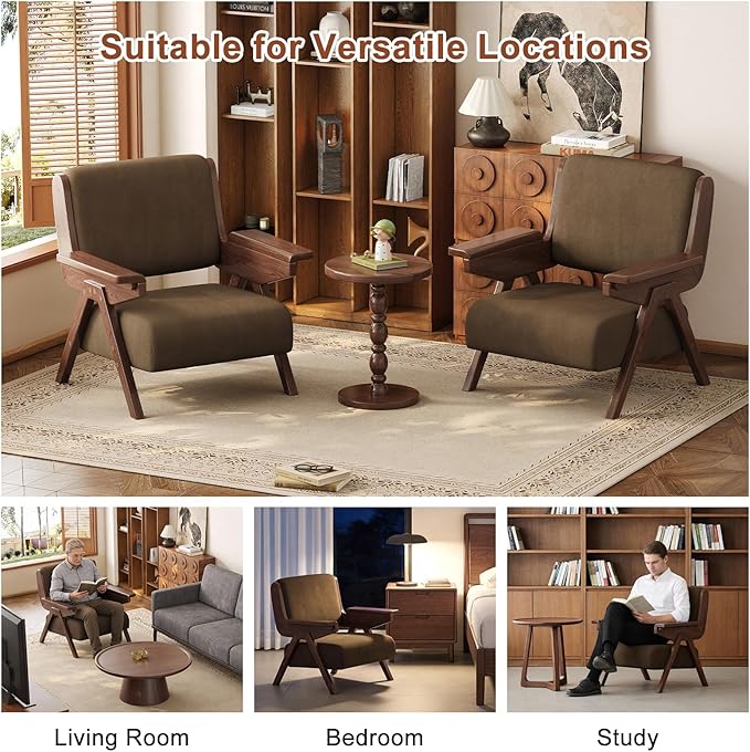 Accent Chair Mid Century Modern Chair Velvet Upholstered Lounge Arm Chair with Solid Wood Cozy Reading Chair for Living Room Bedroom Balcony (Coffee Single Chair)