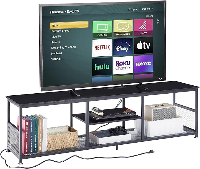 VECELO TV Stand with Power Outlets for Televisions up to 75Inch 62 Media Entertainment Center with Charging Station 3-Tier Open Storage Shelves with Metal Frame for Living Room/BedroomBlack