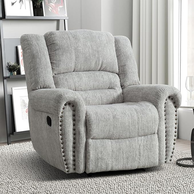 INZOY Recliner Chair Heavy Duty Manual Reclining Sofa Single Lounge Sofa for Living Room Home Theater Seating Grey White