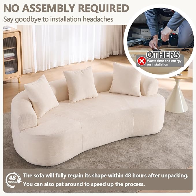 Luxury 80” Curved Loveseat Sofa Chenille Curved Couch with 2 Big Pillows &amp Extra Wide Armrests Comfy Upholstered Oversized Loveseat Couch &amp Sofa for Living Room (Beige 80 Inches)