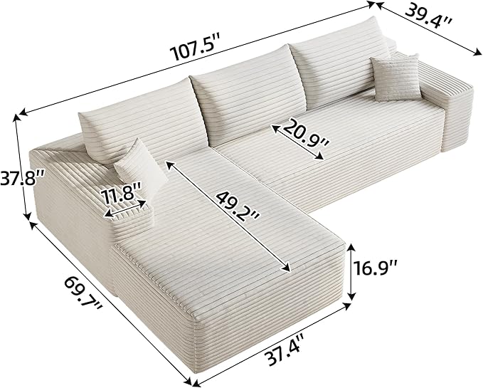 107 Cloud Sectional Couch with L-Shape Chaise Modern Modular Sofa with Deep Seat Corduroy Upholstered Couches for Living Room BedroomNo Assembly Required(White Left Facing)