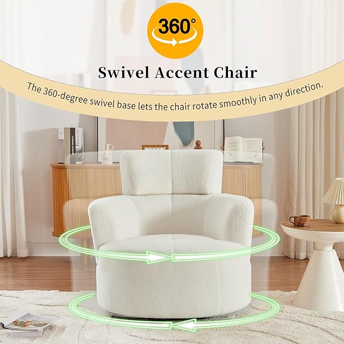 Swivel Accent ChairBedroom Barrel Chairs with Seat CushionModern 360° Soft Berber Fleece Fabric Circle Chair with Adjustable Headrest for Living Room(Cream)