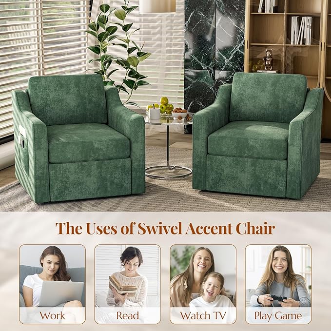 360° Swivel Accent Chair Set of 4 Large Comfy Reading Chairs Accent Square Single-seat Armchair Upholstered Sofa for Reading Nursery Living Room Bedroom Lounge Hotel Green