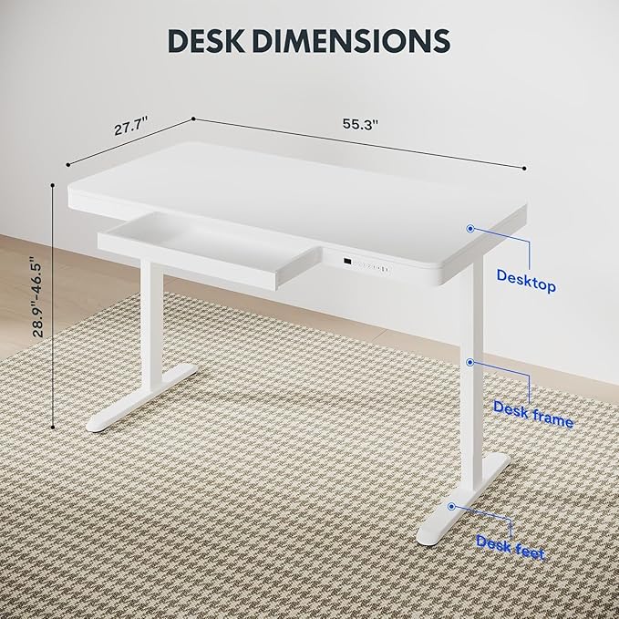 Standing Desk with Drawer Electric Height Adjustable Home Office Desk with Storage &amp USB Ports 55 inch White Wood Tabletop/White Frame