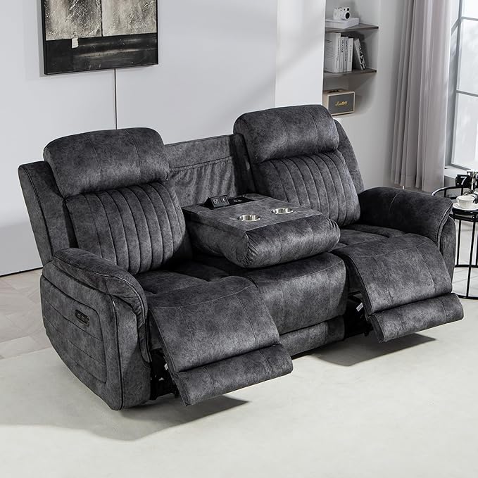 Zero Gravity Power Reclining Sofa with Adjustable Headrest Electric Reclining Couch with Wireless Charge USB Ports Power Loveseat Recliner Sofa for Living Room (Grey-Sofa)