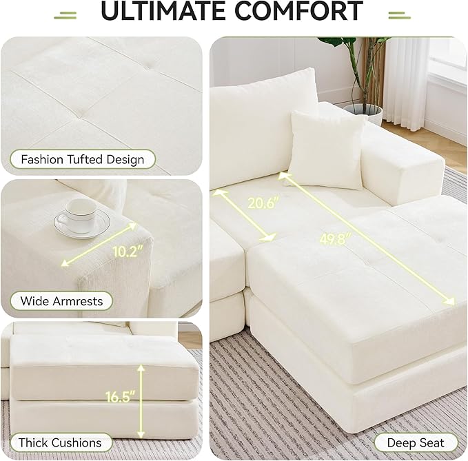 79 Boneless Cloud Loveseat Sofa Couch Modular Tufted Foldable Floor Sofa with Ottoman Chenille Lounge Convertible Sofa Bed for Living Room No Assembly Beige