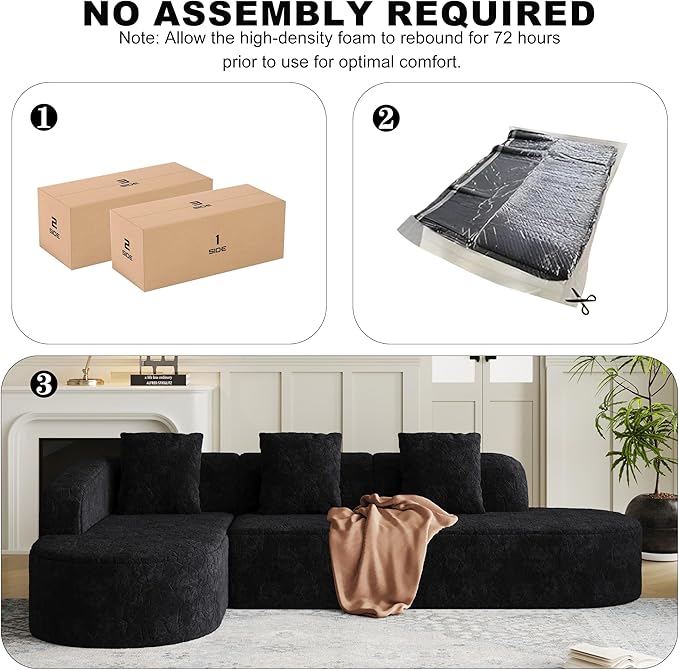 2 Piece 111.8“ Boneless L-Shaped Curved Modular 6-Seater Sofa Right Chaise Lounge Featuring Lychee-Textured Long-Pile Polyester Fabric Curved Backrest with Three Pillows