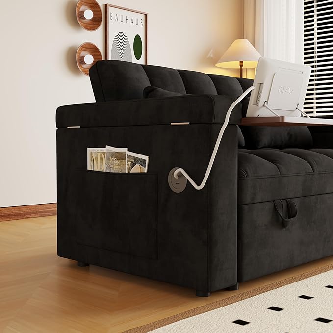 Convertible Sofa Bed 5-in-1 Pull Out Couch with Side Table Loveseat Sleeper Sofas Bed Couch with USB Port 65‘’ Velvet Pull Out Sofa Beds for Living Room Bedroom Apartment