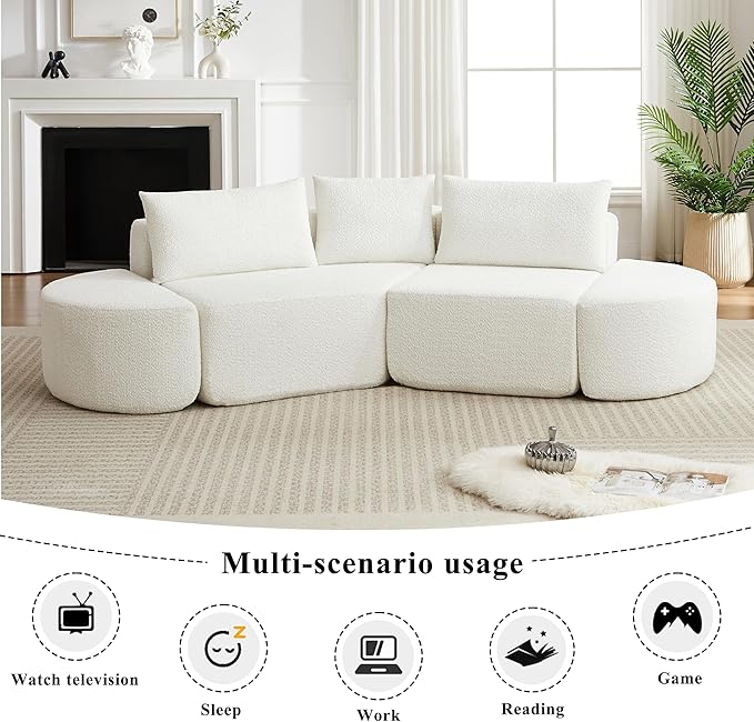 106“ Boneless Chenille V-Shaped Modular Sofa Set Three Throw Pillows 3-Seater Sofa Two Curved Ottomans Combination Couch for Living Rooms (Beige 106 Left Chaise)