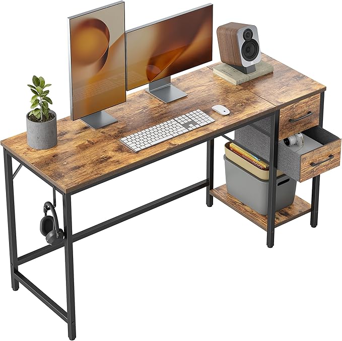BANTI Computer Home Office Desk with 2 Drawers 47 Inch Small Desk Study Writing Table Modern Simple PC Desk for Home Bedroom Rustic Brown