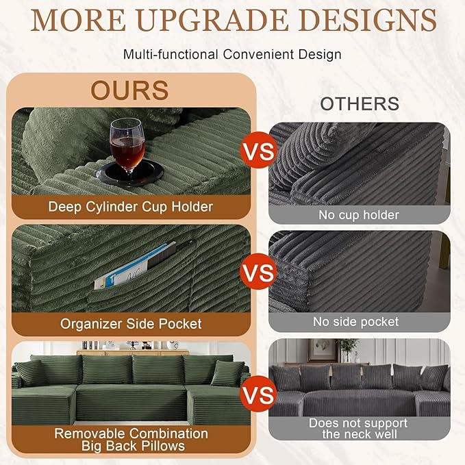 134 Inch U-Shaped Couch Modular Sectional Sofa Oversized Corduroy Boneless Couch with Cup Holder and Storage Pocket 4-Seater Upholstered Cloud Sofa for Living Room No Assembly Required Green