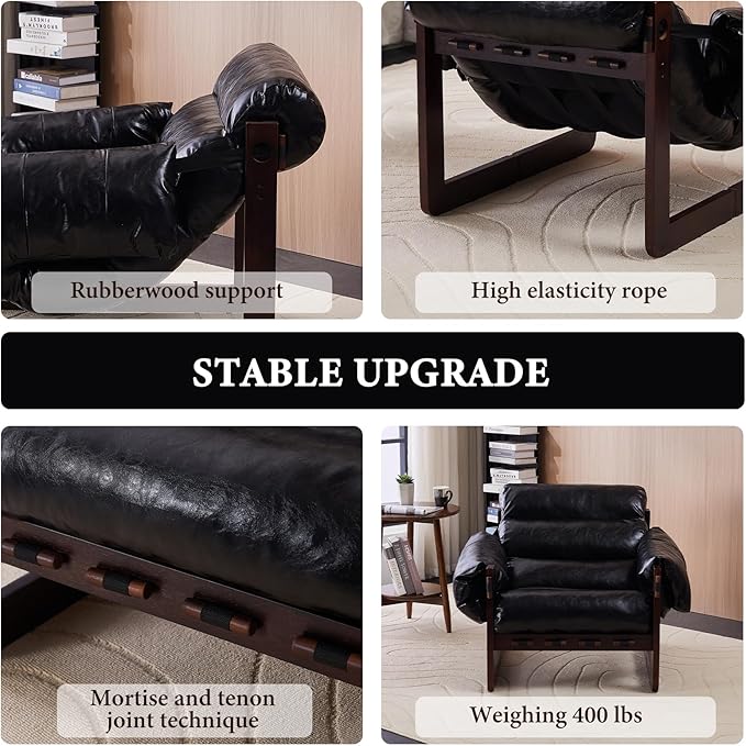 Furnilivng Modern Lounge Accent Chair Comfortable Oil Waxed Leather Arm Chair with Sturdy Wood Frame Upholstered Cozy Sofa Chair for Living Room Bedroom Dressing Room Home Office Black