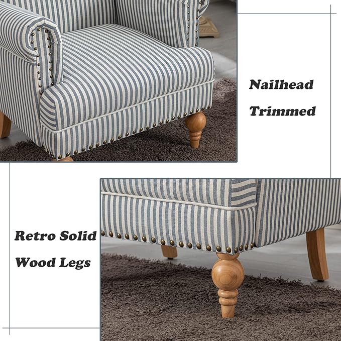 Linen Accent Chairs Set of 2 Mid-Century Modern Living Room Armchair with Nailhead Trim &amp Wood Legs Comfy Upholstered Single Sofa Chair for Lounge/Bedroom/Reception Blue Stripe