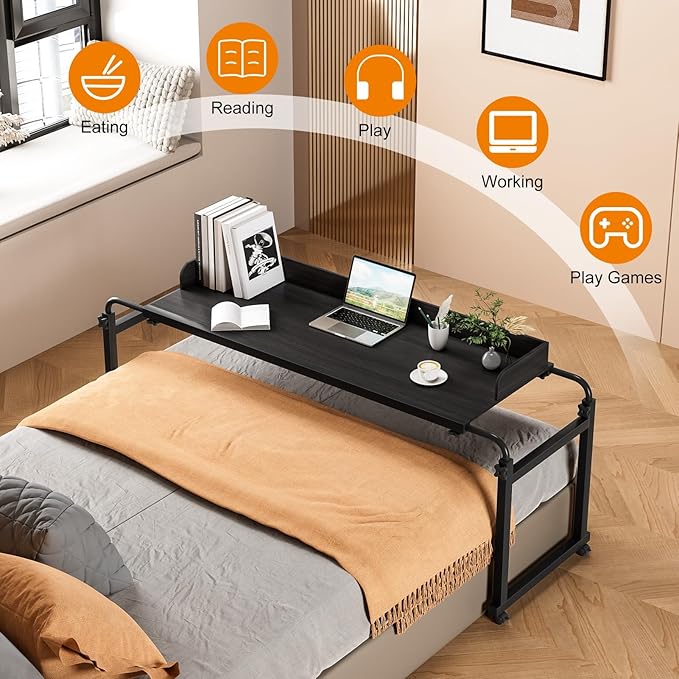 Adjustable Height Overbed Table Rolling Overbed Bedside Desk with Raised Baffle and Spacious Desktop Over BedTable with Wheels for Home Office Bedroom Hospital Use (Matte Black)