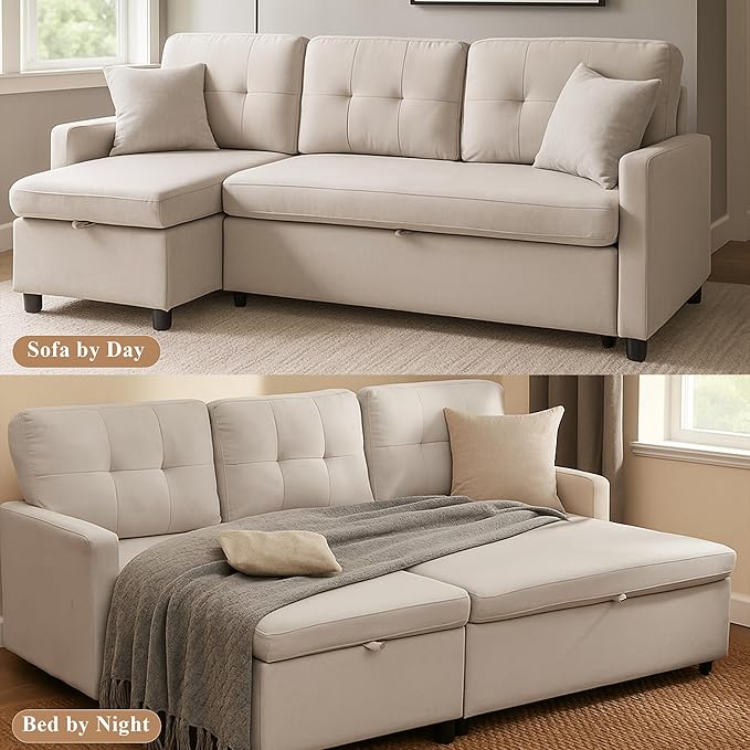 Sleeper Sofa Couch Oversized Pull Out Couch Bed with Storage Chaise Sectional Sleeper Sofa Bed for Living Room (Beige Single)