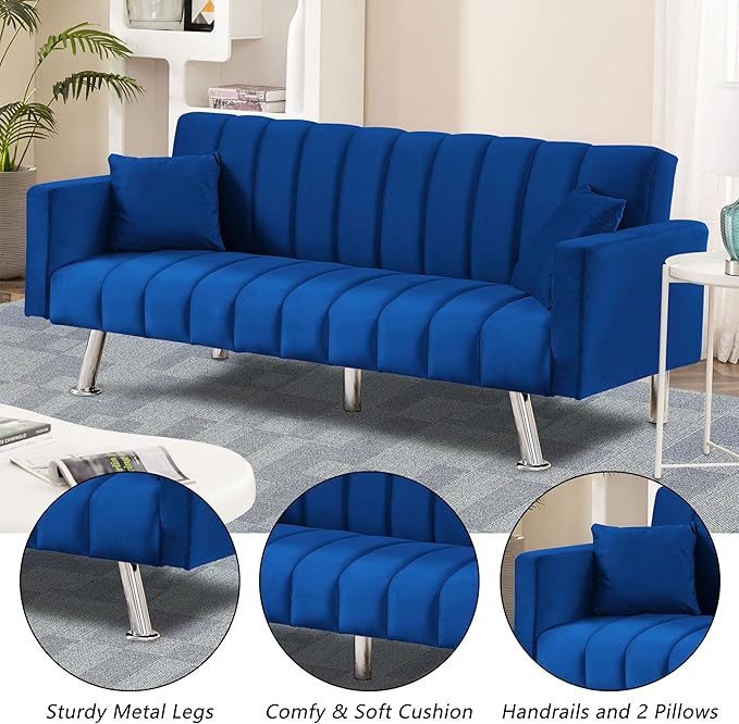 AWQM Sofa Bed Upholstered Convertible Folding Sofa Bed with 2 Pillows Sturdy Sleeper Couch with Wooden Frame and Metal Legs Comfortable Velvet Sofa Suitable for Living Room Bedroom Office (Blue)