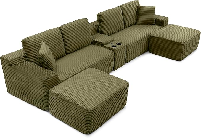 150 Oversized U Shaped Cloud Sectional Couches for Living Room Comfy Fluffy Corduroy Upholstered Boneless Couch Large Modular Sectional Sofa with Ottomans Cup Holder USB Port Console | Storage