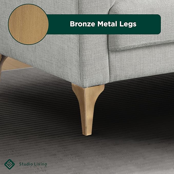 Studio Living® Matthew 83.5 Sofa Chaise Mid-Century Modern Pocket Coil Comfort Reversable Chaise Metal Brushed Bronze Legs Chenille Fabric Ivory