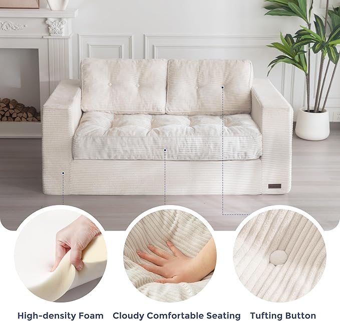 MAXYOYO Bean Bag Chair for Adults Upholstered Floor Sofa with Armrests Loveseat Boneless Couch with Tufted Cushion &amp Backrest Sofa in A Box Large Bean Bag Couch for Bedroom Living Room Beige