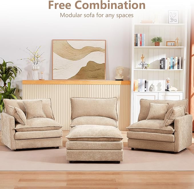 GNIXUU 102 Modular Sectional Sofa L Shaped Cloud Couch with Movable Ottoman &amp 4 Pillows Deep Seat Chenille 4 Seater Sectional Couches for Living Room Apartment (Camel)
