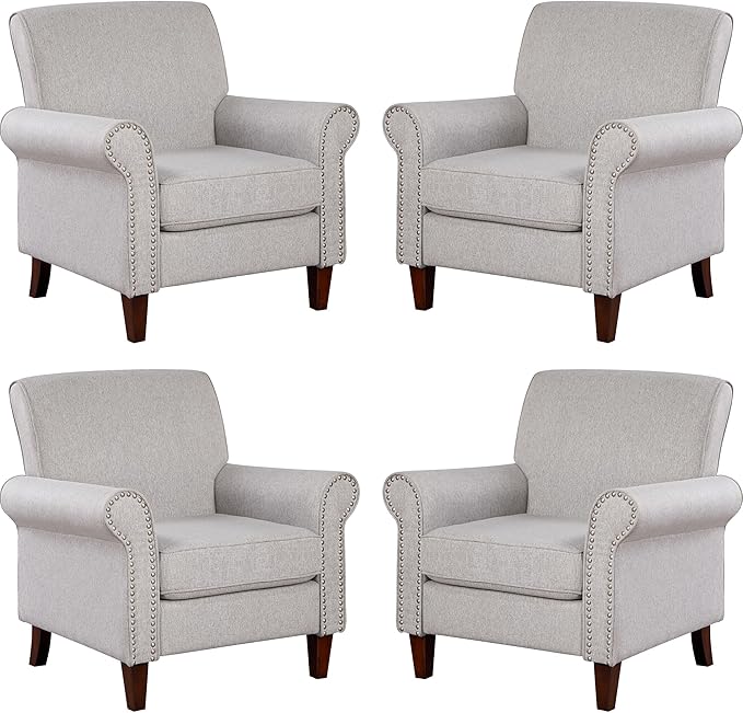 Prilinex Upholstered Living Room Chair Set of 4 - Large Comfy Fabric Accent Chair Single Sofa with Cushion Rolled Armrest &amp Nailhead Trim Mid Century Modern Armchair for Bedroom Office Grey