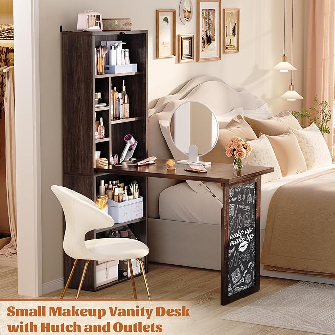 Armocity Small Folding Desk with Outlets Convertible Writing Desk for Small Spaces/Home Office/Craft Room Multi-Function Desk Workstation with Blackboard Fold-Out Cabinet Table Black Walnut