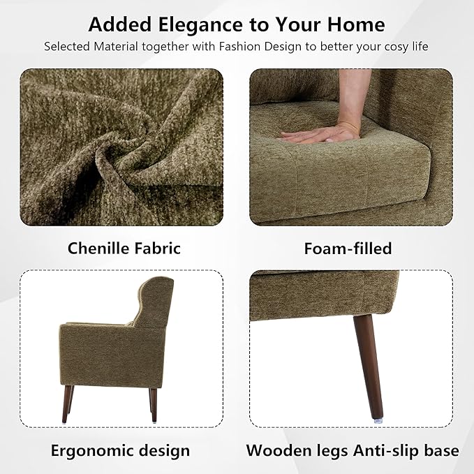 Modern Accent Chair Chenille Fabric Upholstered Tufted Side Chair Wingback ChairMid Century Reading Armchair with Waist Pillow Backrest for Living Room Bedroom (Olive Green)