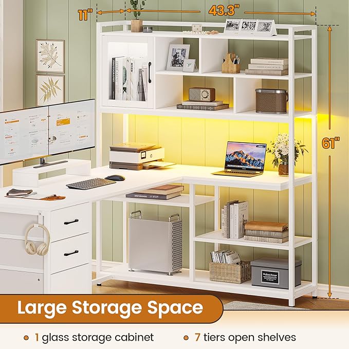 SEDETA L Shaped Computer Desk 58'' Office Desk with 3 Drawers and Bookshelf L Shaped Corner Desk with Storage Shelves and LED Light for Home Office Gaming Desk L Desk White