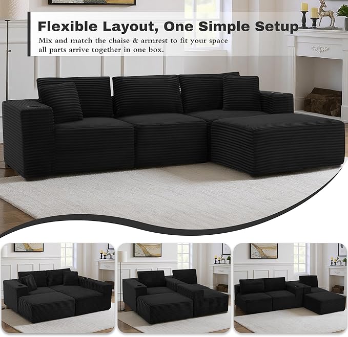 110”Modular Sectional SofaCloud Boneless Couch with Deep SeatModern Modular L-Shape Sofa Couch with 0ttomanUpholstered Couches for Living Room Bedroom (Black)