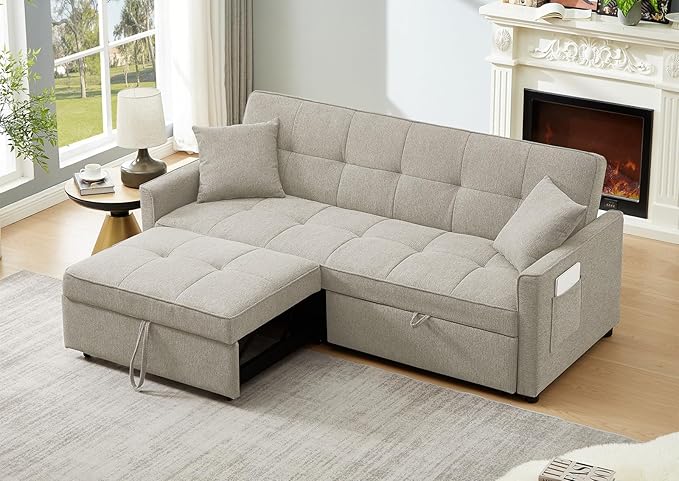 81 Inch Queen Size Convertible Sleeper Sofa 3 in 1 Sleeper Couch with Storage and Pull Out Bed Oversized Loveseat Futon Sofa Hide-A-Bed Fold Out Couch for Living Room