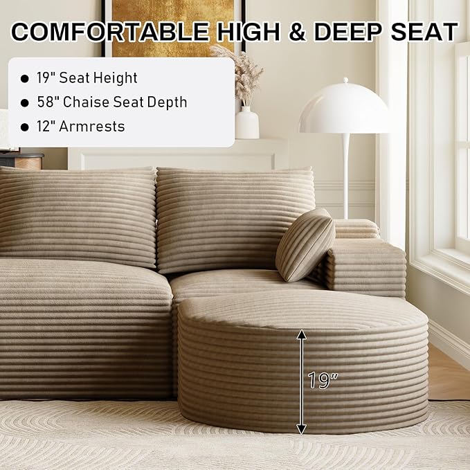 108 Modular Sectional Sofa Cloud Couch for Living Room L Shaped Comfy Fluffy Light Brown Boneless Couches with Movable Curved Ottoman Modern Plush Corduroy Memory Foam Floor Couch with Chaise