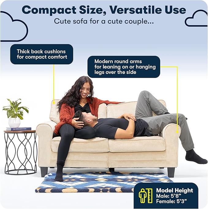 Serta Copenhagen 61 Rolled Arm Sofa Easy Care Polyester Soft Pillow Back Pocket Coil Seat Cushions Removable Covers Loveseat or Couch for Small Spaces Living Rooms or Bedrooms Charcoal