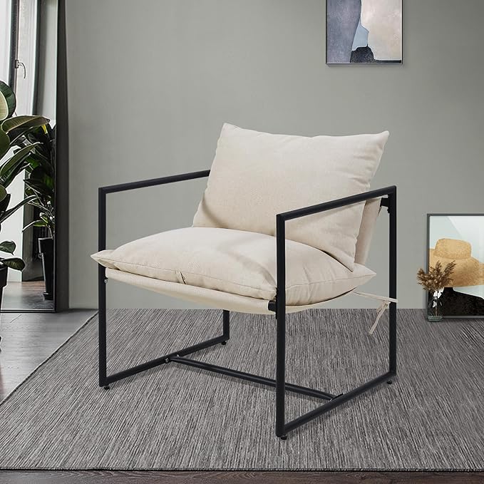 Kromax Sling Accent Chair Cozy Living Room Chairs Square Metal Frame Upholstered Soft Cushion Sponge 28 x28“x32 Easy Assembly Beige