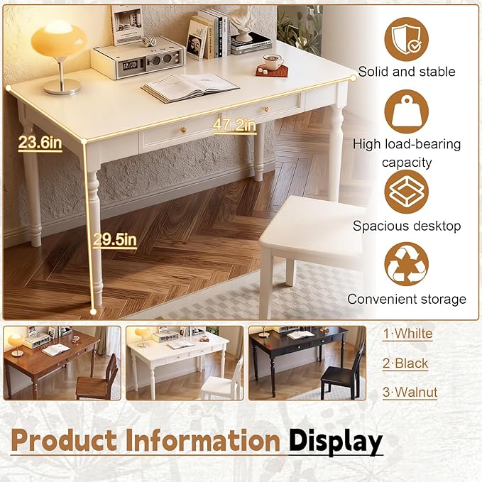 Solid Wood French Country DeskWriting Desk with Storage DrawersFarmhouse Computer Table Makeup Table Modern Simple Stylefor Home Office Living Room Study Workspace Bedroom (White 47.2IN)