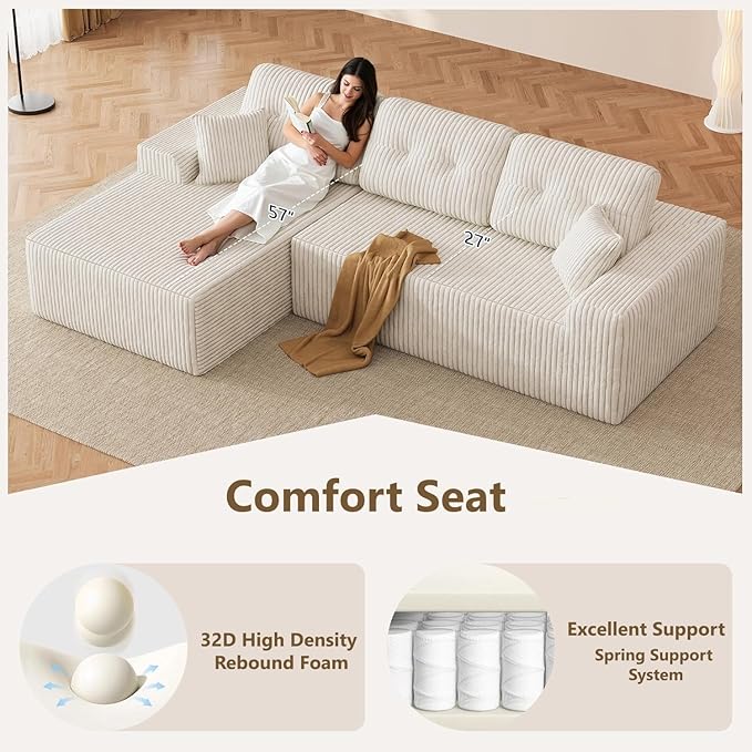 Ball &amp Cast 106''Cloud Couch Sectional with L-Shaped ChaiseCorduroy Upholstered Modular Sectional SofaDeep Seat Sectional Couches for Living RoomNo Assembly Required (BeigeLeft Facing Chaise)