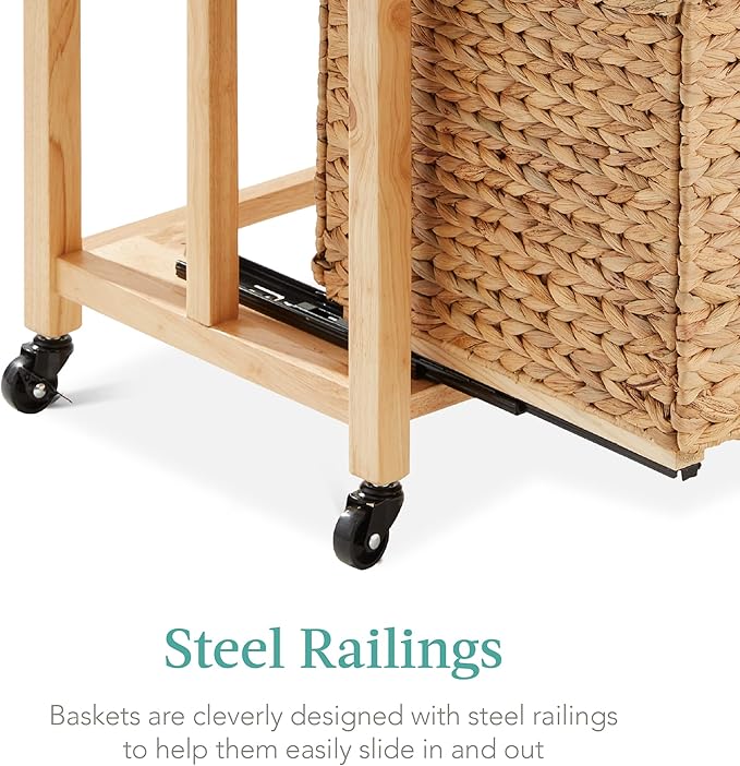 Best Choice Products Vertical Rolling File Cabinet Multipurpose Portable Water Hyacinth Basket Organizer for Home Office Workspace w/Rubberwood Frame Metal Sliders Locking Caster Wheels - Natural