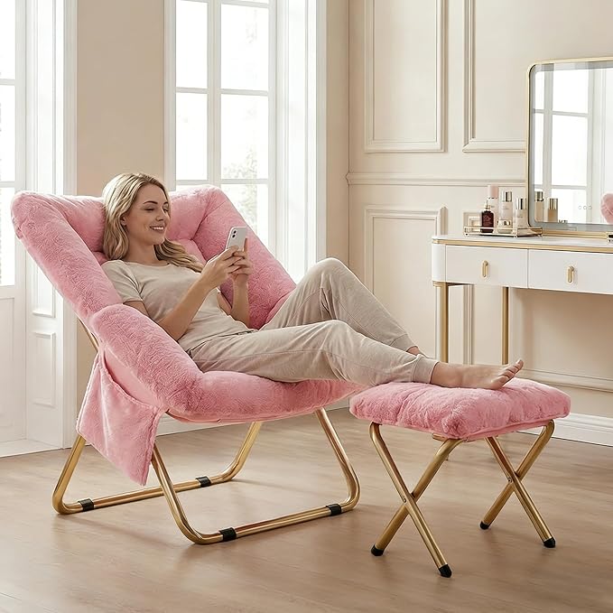 Comfy Saucer Chair for Adults Foldable Living Room Chairs Soft Faux Fur Lounge Chair for Bedroom Reading Chairs X-Large (Ottoman-Pink)
