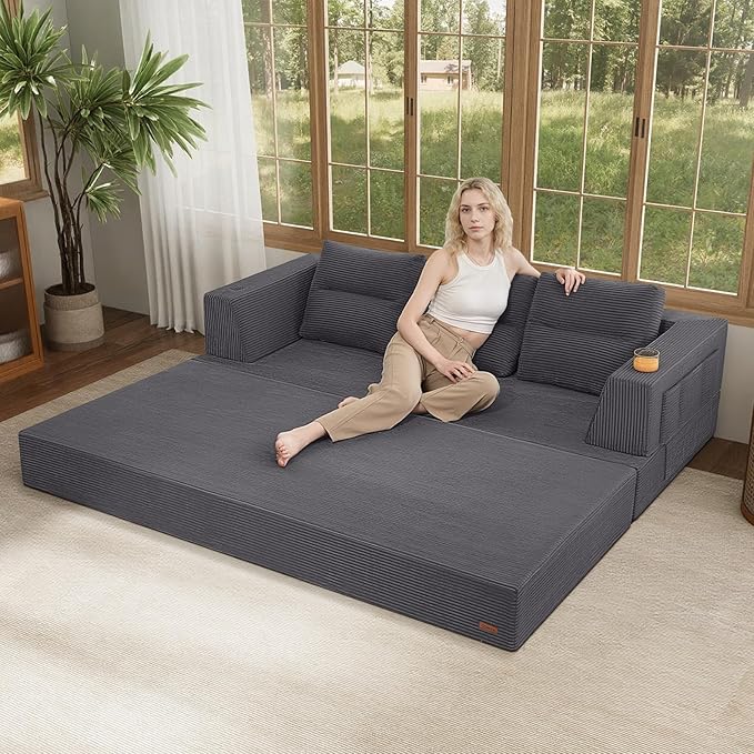 COMAX Futon Sofa Bed Queen 79 Convertible Sofa Bed Couches for Living Room 4 in 1 Folding Boneless Sleeper Corduroy Couch Loveseat Foam in a Box Comfy Foldable Lounge Fold Out Floor Mattress Grey