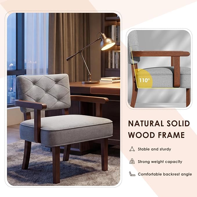 Versatile Side Arm Chair Small Modern Accent Chair Upholstered Wooden Armchair Corner Chair with Arm RestTufted Backrest Cushion for OfficeWaiting/Reading/Living Room Grey
