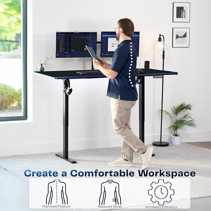 VIVO Electric 71 x 36 in Standing Desk with Full-Size RGB Mouse Pad Memory Height Adjustment 1B Series Holds 220 lbs Black Top Black Frame DESK-KIT-1B7BP-36