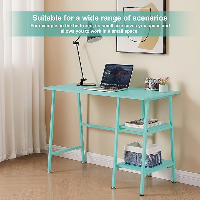 VECELO 43.1 Inch Computer Desk Home Office Blue Study Desk Work Office Table with Shelves Wooden Desk for Bedroom 2 Set