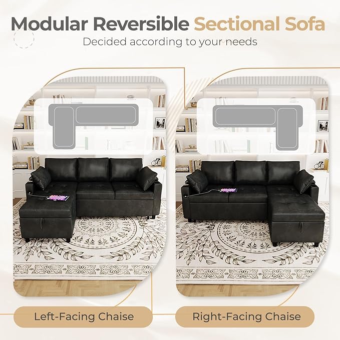 Esright Sleeper Sofa Bed 3-in-1 Pull Out Couch with Reversible Chaise Leather Sleeper Sofa with Storage USB Cup Holder Pullout Sectional Couches for Apartment Living Room Black | Hidden Storage