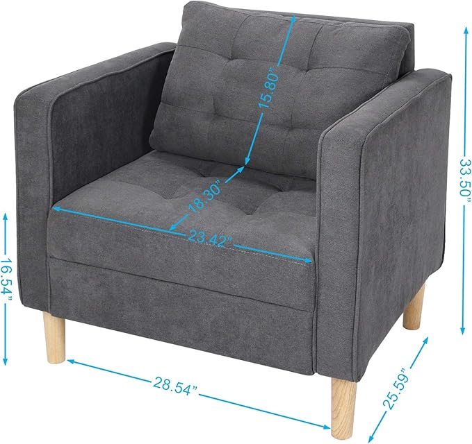 STHOUYN Mid Century Modern Fabric Accent Chair with Arms Armchair Comfy Reading Chair for Living Room Office Studio Chair Single Sofa Recliner Couch Bedroom Grey