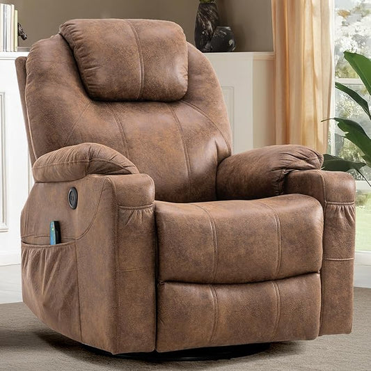 Swivel Rocker Recliner Chair - Manual Glider Rocking Recliner Ergonomic Chair with Heated Massage 4 Pockets/Cup Holders/USB Ports/Remote Control Brown