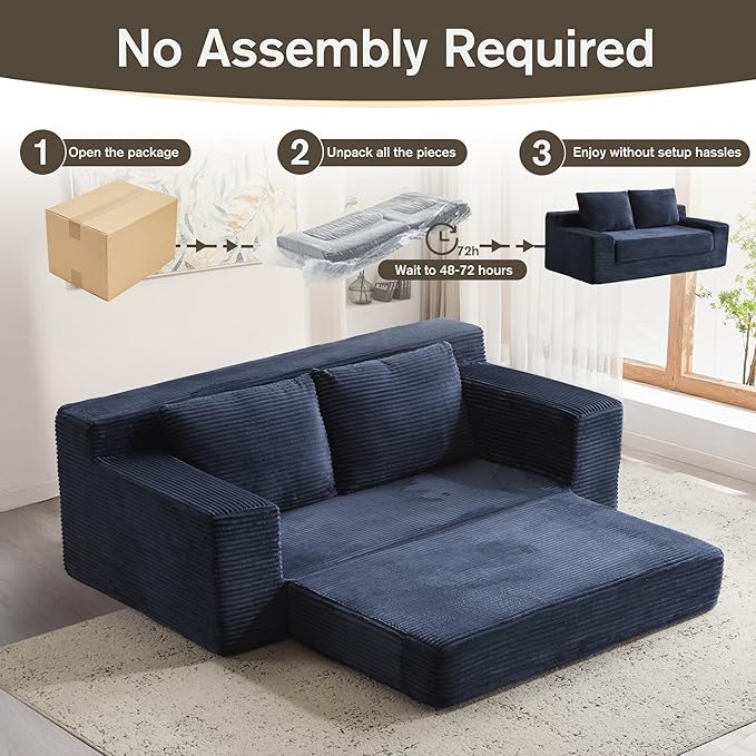 71 Oversized Loveseat Pull Out Sofa 2 in1 Convertible Loveseat Sofa with Pillows Corduroy Folding Couch Bed with Deep Seat Boneless Couch for Small Room No Assembly Required Dark Blue