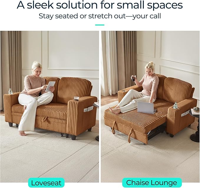 LINSY HOME Loveseat Sofa with Pull Out Couch Chaise: 2-in-1 Convertible 2 Seater Sofa with USB Charging &amp Cup Holders Comfy Plush Corduroy Love Seat for Small Spaces Living Room Apartment Brown